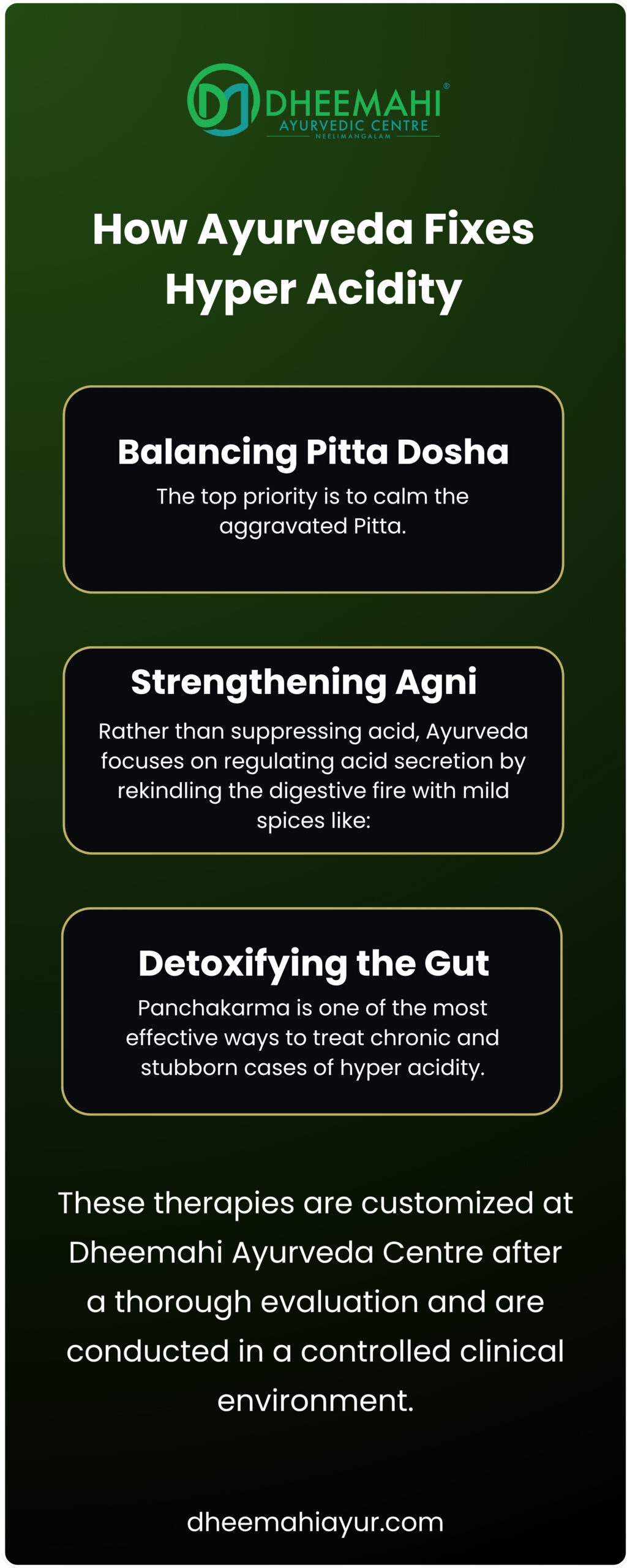 How Ayurveda Fixes Hyper Acidity Infographic titled “How Ayurveda Fixes Hyper Acidity” by Dheemahi Ayurvedic Centre, Neelimangalam. It outlines three Ayurvedic strategies: Balancing Pitta Dosha, Strengthening Agni with mild spices, and Detoxifying the Gut using Panchakarma. The infographic emphasizes customized therapies after clinical evaluation, with the Dheemahi logo and website link at the bottom.
