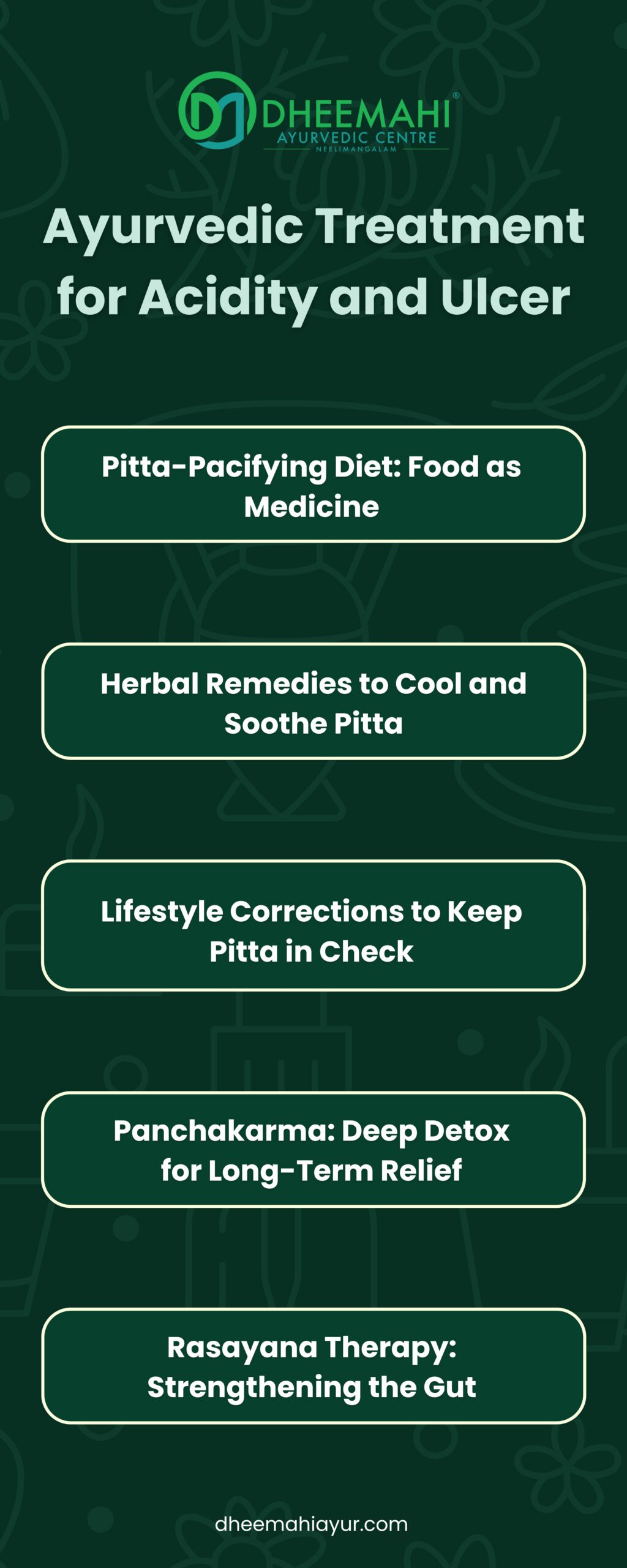 Acidity and Ulcer An infographic from Dheemahi Ayurvedic Centre titled “Ayurvedic Treatment for Acidity and Ulcer.” It outlines five holistic healing approaches: Pitta-Pacifying Diet, Herbal Remedies,