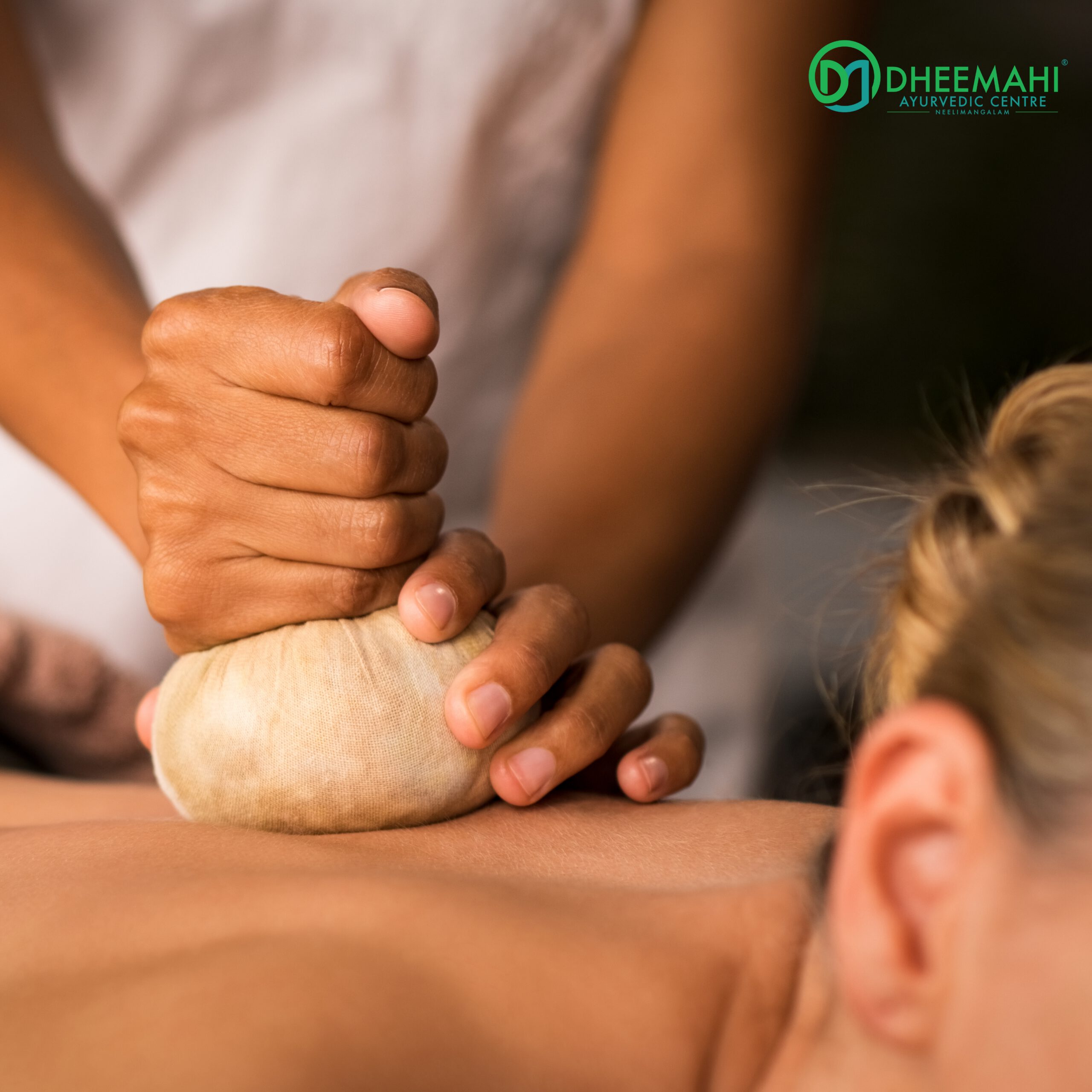 What to Expect During Panchakarma Treatment for Acidity A close-up of an Ayurvedic therapist performing a herbal poultice massage (Kizhi) on a person's back. The therapist presses a warm herbal bundle onto the skin, promoting relaxation and healing. The Dheemahi Ayurvedic Centre logo is visible in the top right corner.</p>
<p>