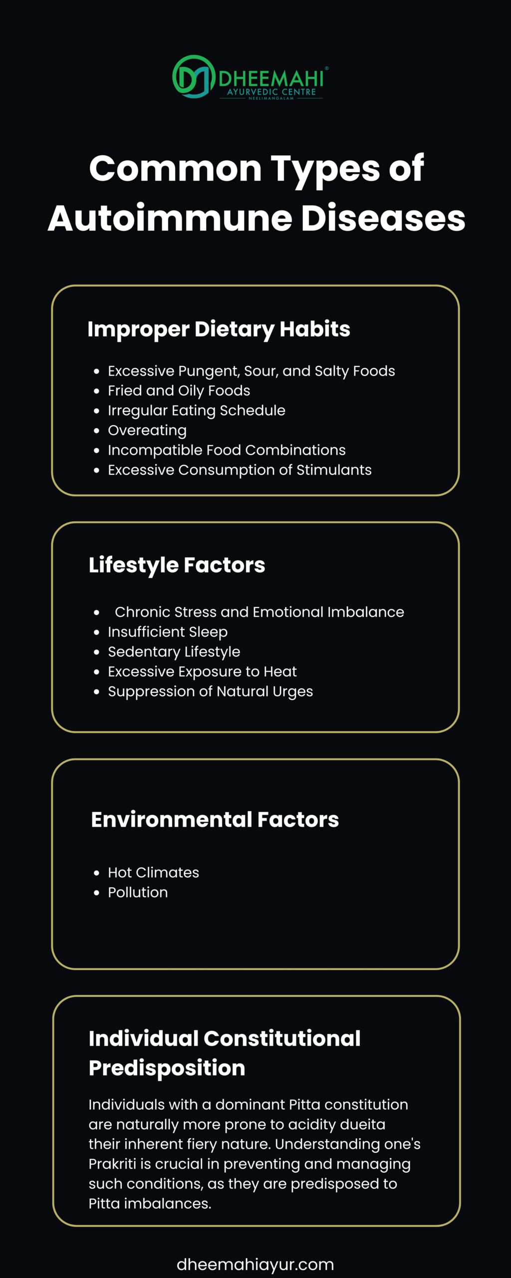 Causes of Acidity from an Ayurvedic Perspective Infographic by Dheemahi Ayurveda listing Ayurvedic causes of autoimmune diseases, including poor diet, lifestyle stress, environmental heat, and Pitta constitution.