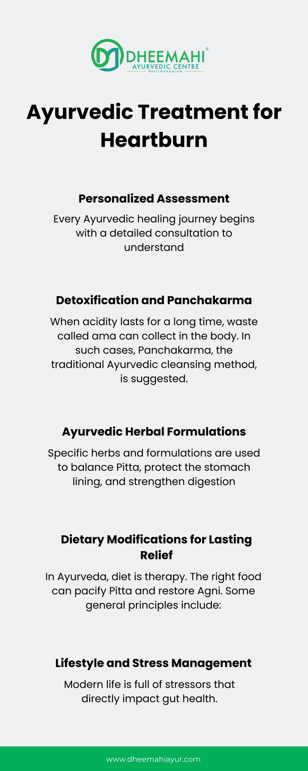 Infographic from Dheemahi Ayurvedic Centre explaining Ayurvedic treatment for heartburn, including personalized assessment, detoxification with Panchakarma, herbal formulations, dietary modifications, and lifestyle stress management.