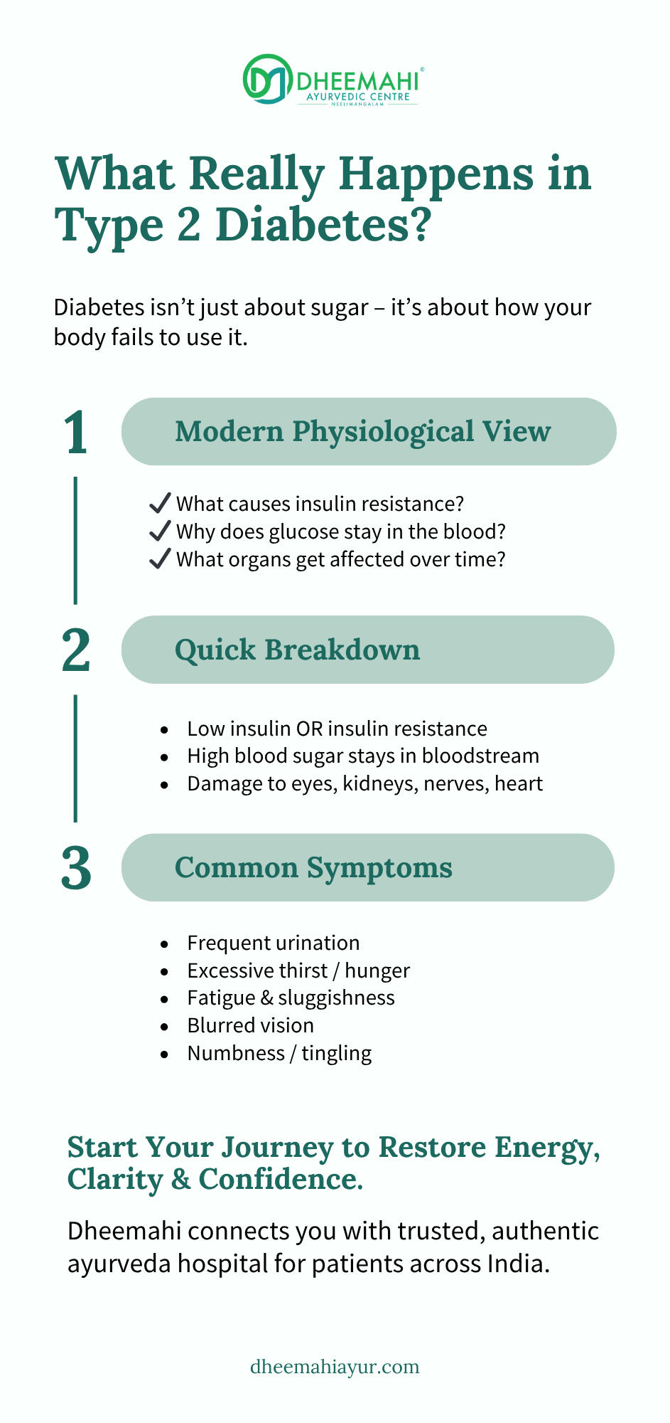 Infographic explaining what really happens in Type 2 Diabetes with bullet points, symptoms, and educational breakdown — promoting Ayurveda treatment for type 2 diabetes at Dheemahi Ayurvedic Centre.