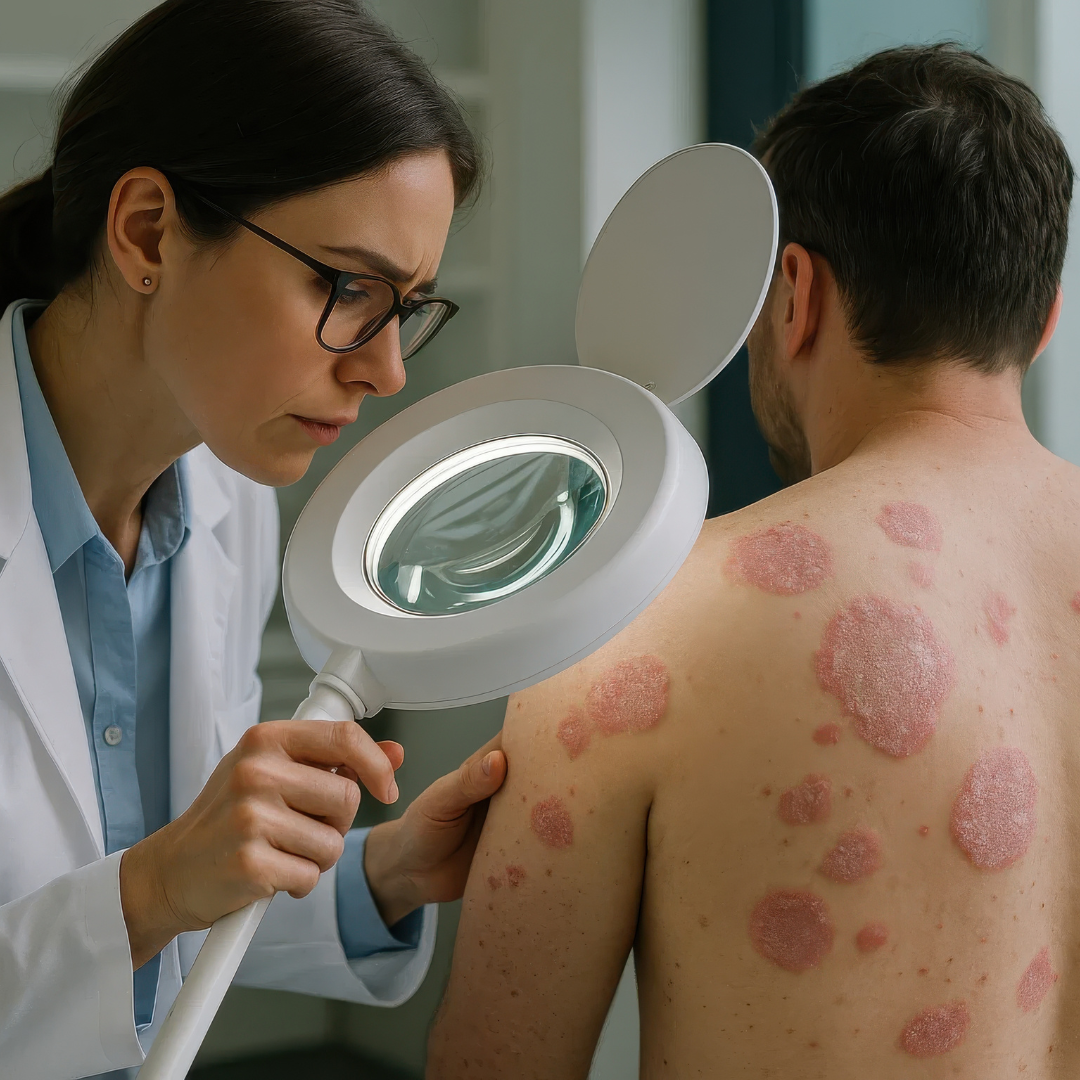 Doctor examining a patient’s skin with autoimmune inflammation on the back — Ayurvedic perspective on autoimmune diseases.
