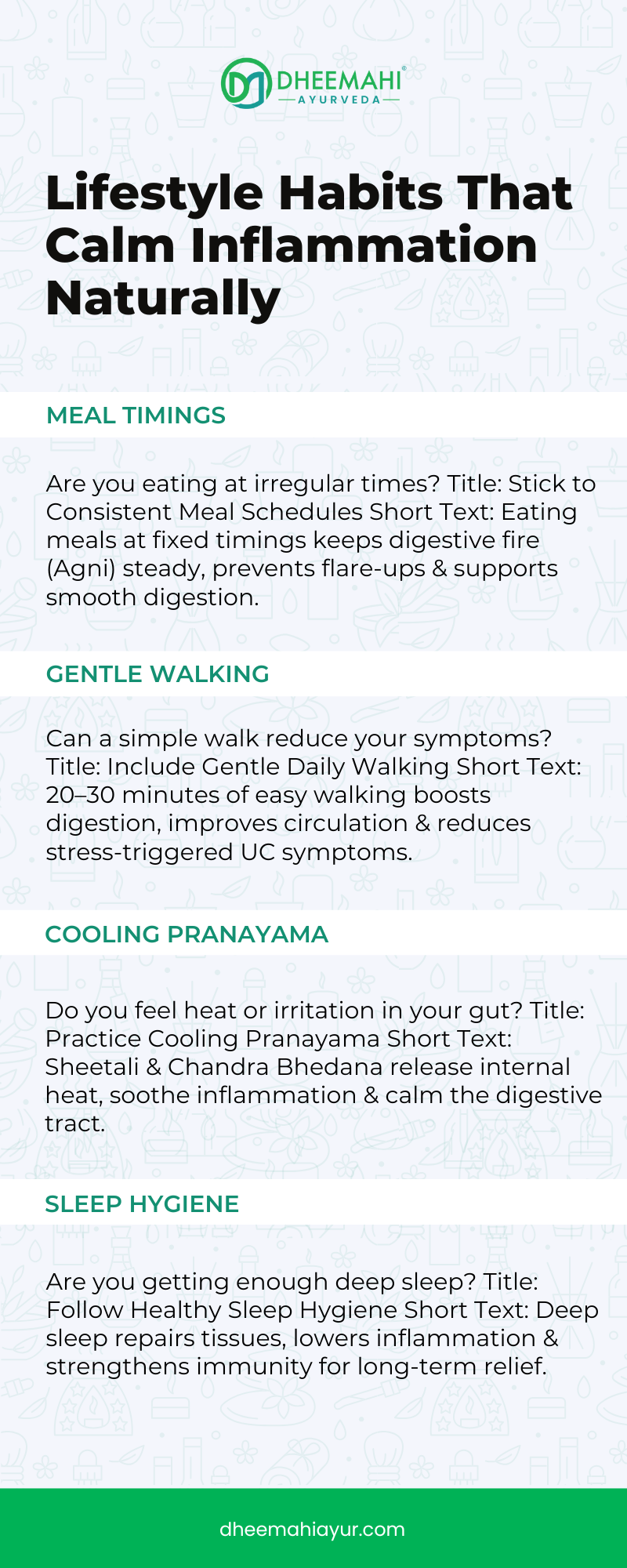 Lifestyle remedies infographic explaining ulcerative colitis Ayurveda treatment with diet, pranayama, walking, and sleep to reduce inflammation naturally.