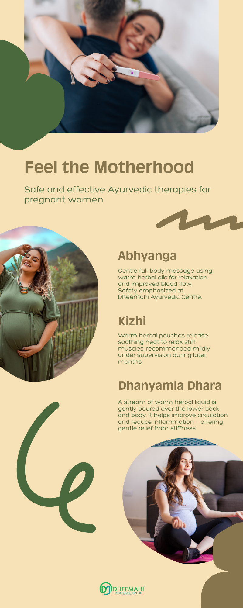Lower Back Pain During Pregnancy – Ayurvedic Care for Expecting Mothers Infographic showing Ayurvedic therapies for lower back pain during pregnancy, including Abhyanga, Kizhi, and Dhanyamla Dhara
