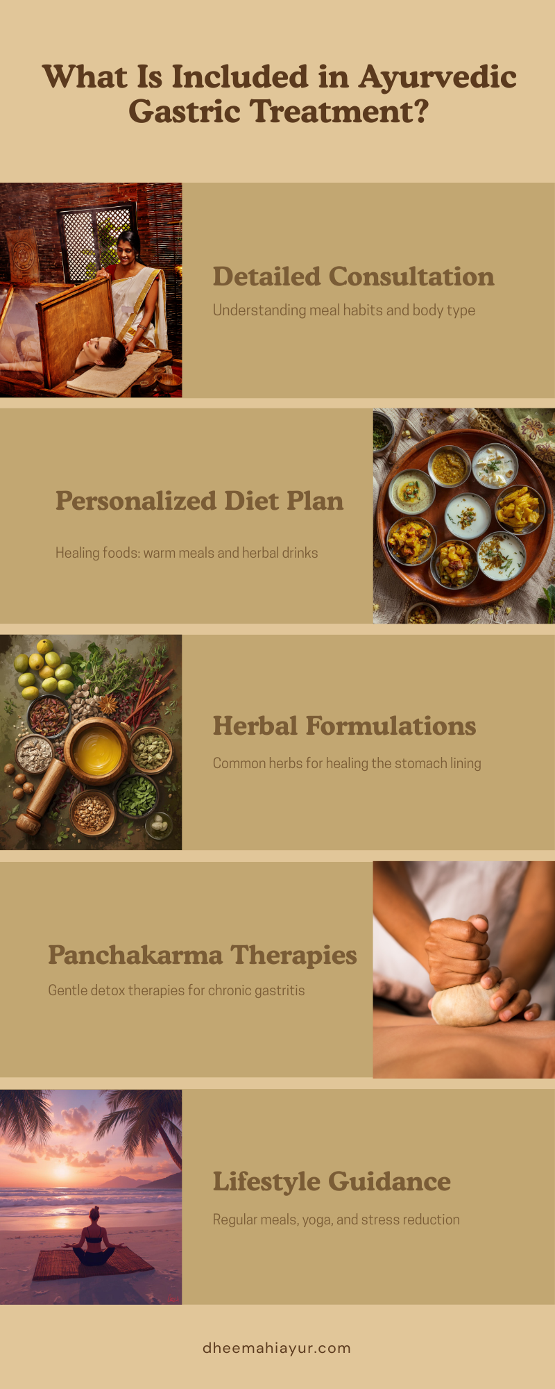 What Is Included in Ayurvedic Gastric Treatment Infographic explaining ayurvedic gastric treatment, including consultation, diet planning, herbal remedies, Panchakarma, and lifestyle guidance