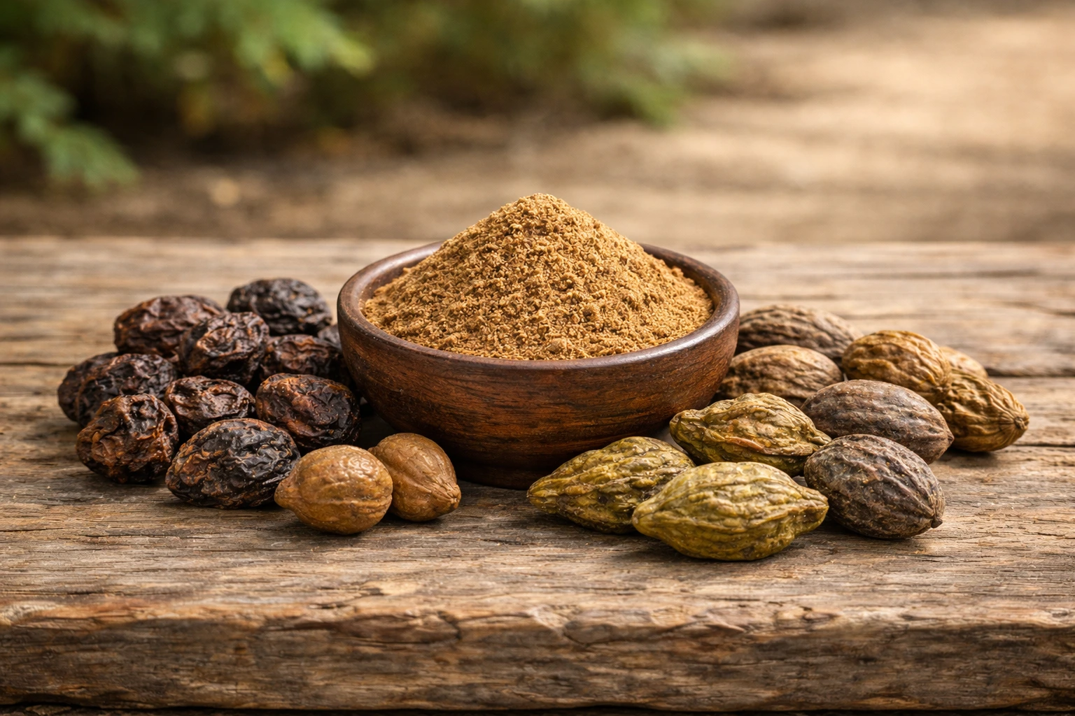 Triphala powder with dried Amla, Haritaki, and Bibhitaki fruits used in Ayurvedic Weight Loss Treatment in Kerala. Triphala powder with dried Amla, Haritaki, and Bibhitaki fruits used in Ayurvedic Weight Loss Treatment in Kerala.