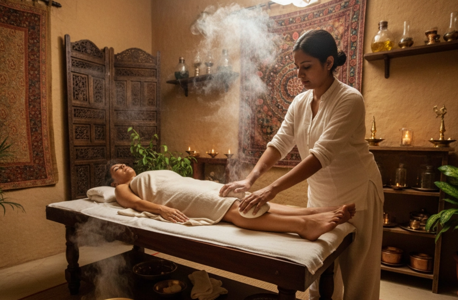 A woman receiving an Ayurvedic steam therapy inside a traditional wooden steam chamber under the guidance of a therapist, illustrating Ayurveda treatment for menopause and natural hormonal wellness.