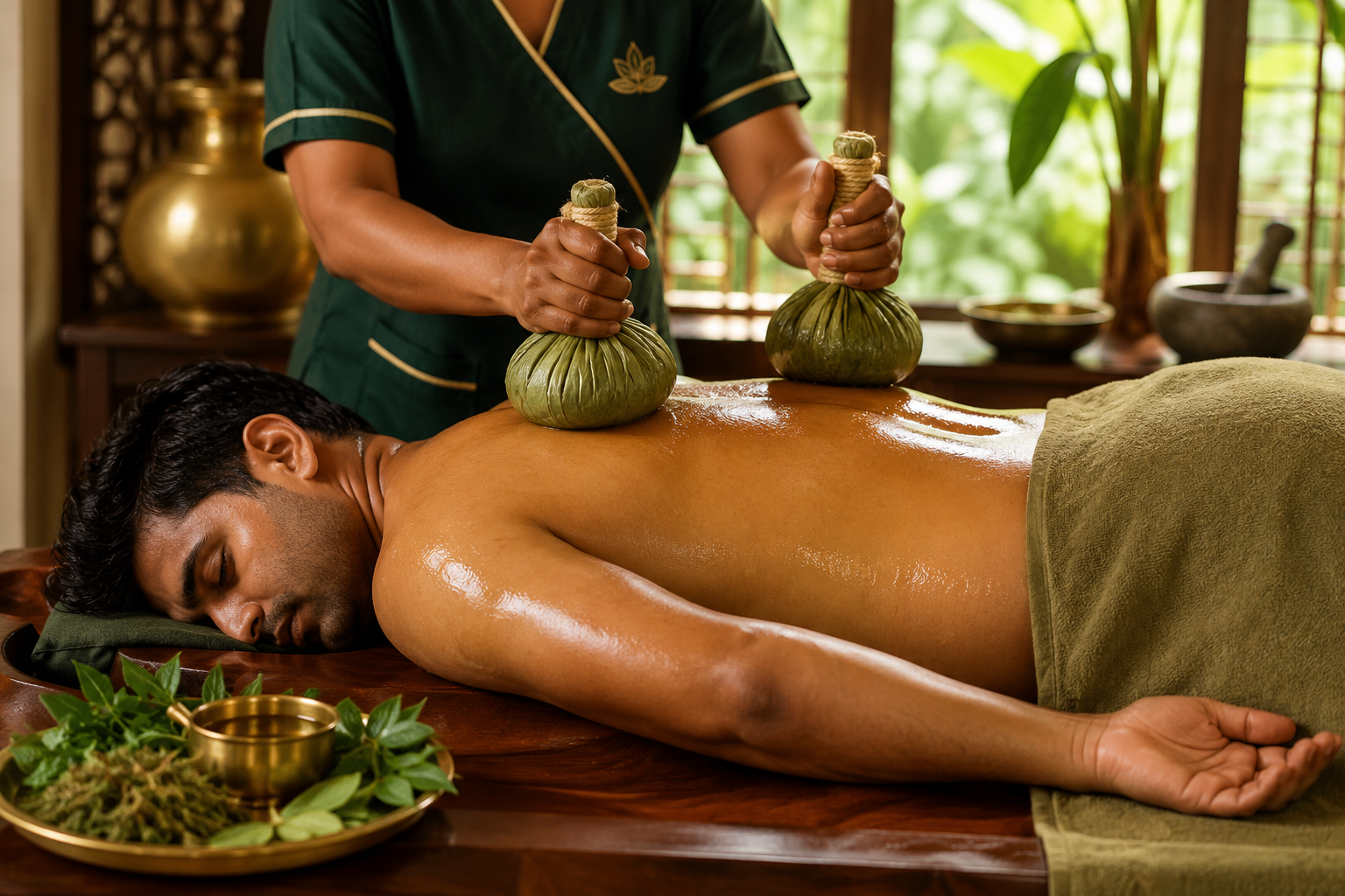 Traditional Kizhi (Elakizhi) herbal poultice massage during authentic Ayurveda treatment in Kottayam at Dheemahi Ayurveda, Kerala.