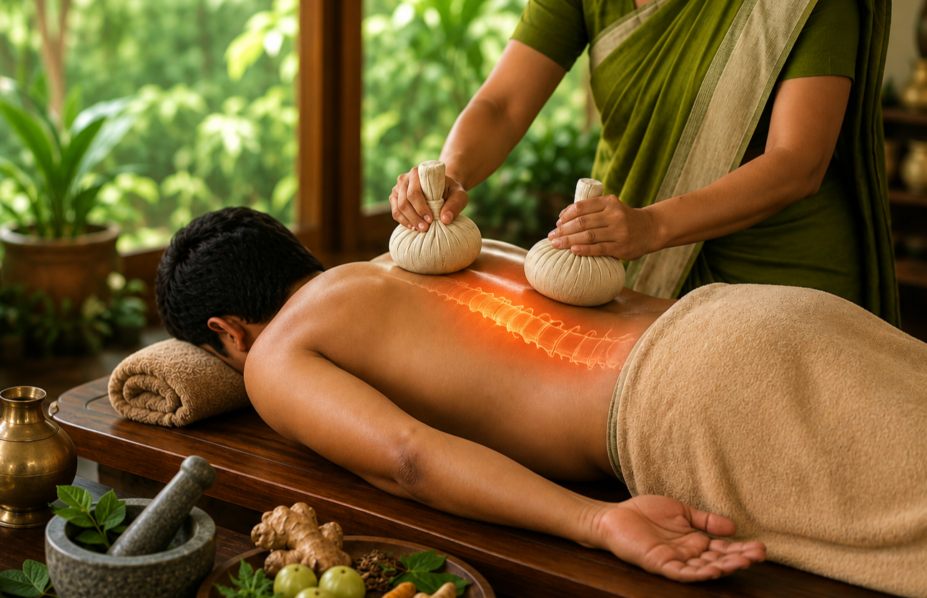 Back Pain Ayurvedic Treatment in Kerala with a skilled Ayurvedic therapist performing warm herbal oil Abhyanga massage to relieve muscle tension, improve circulation, and support natural pain relief at Dheemahi Ayurveda.