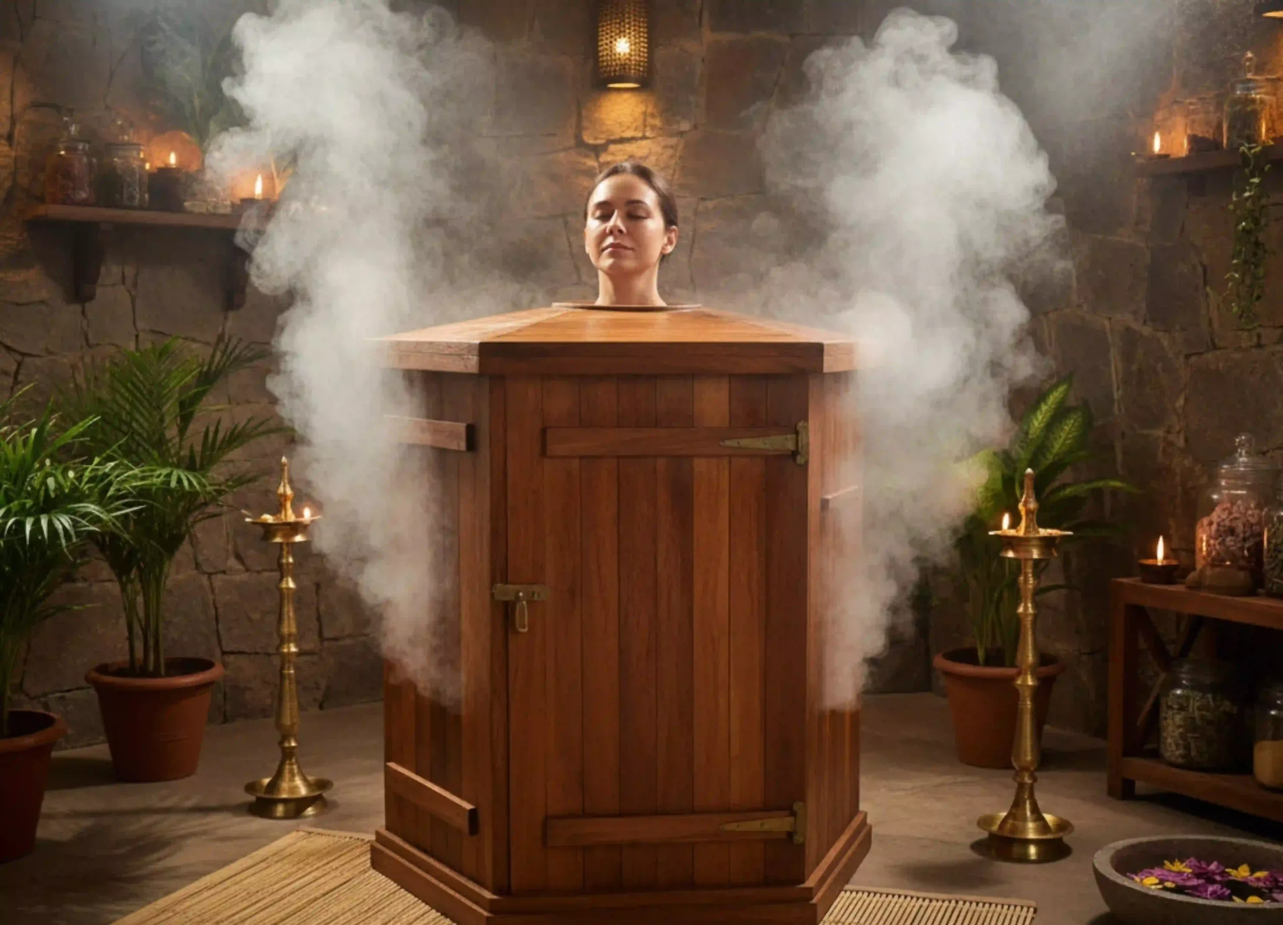Karkidaka Chikitsa Package featuring traditional Ayurvedic steam therapy in a wooden steam chamber