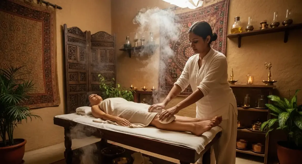 A woman receiving an Ayurvedic steam therapy inside a traditional wooden steam chamber under the guidance of a therapist, illustrating Ayurveda treatment for menopause and natural hormonal wellness.